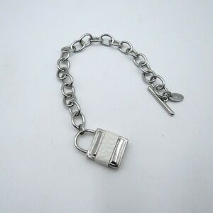 Charming Charlie Padlock Charm Bracelet Silver Tone Toggle White Leather Chunky